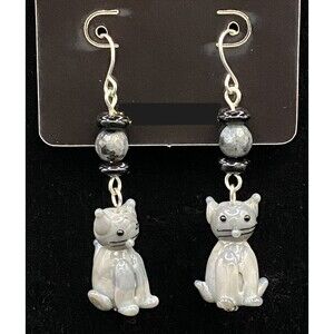 Handmade Gray Glass Cat with Black & Gray Glass Bead Earrings by Neanie-Bot